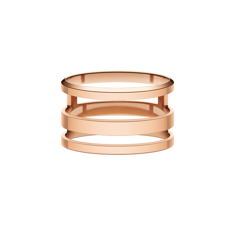 Minimalist rose gold ring featuring three parallel bands and an open structure, designed for modern style and everyday comfort.