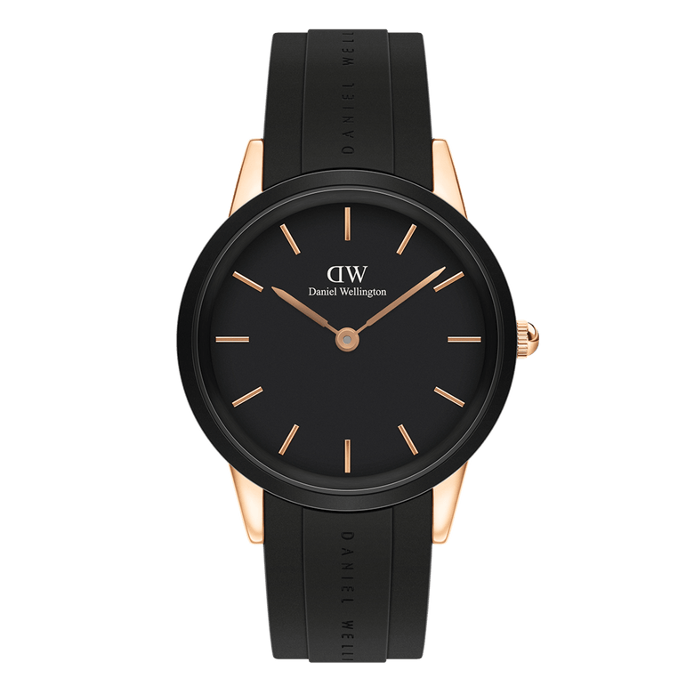 Iconic Motion Rose Gold watch by Daniel Wellington featuring a black dial with rose gold markers, a rose gold stainless steel case, and a black FKM rubber strap for a modern, sporty look.