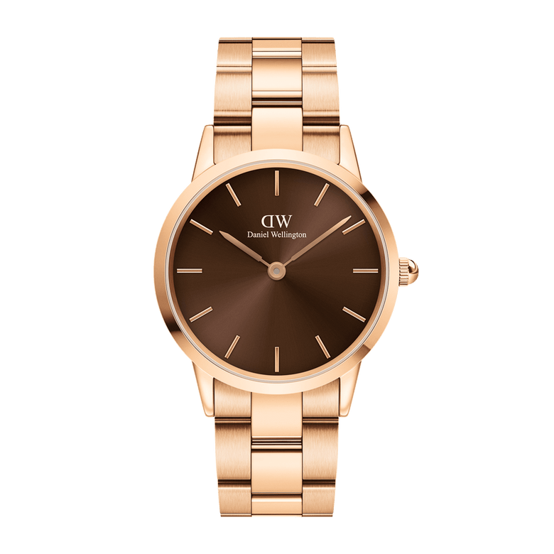 Daniel Wellington Iconic Link Amber watch featuring a sunray brown dial, rose gold stainless steel case and bracelet, and minimalist hour markers for a modern classic look.