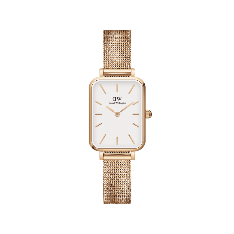 Quadro Pressed Melrose Rose Gold ladies watch featuring a petite rectangular stainless steel case, minimalist eggshell white dial, and an adjustable rose gold mesh strap.