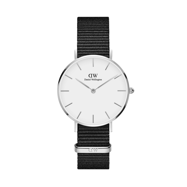 Petite Cornwall Silver ladies watch with a slim silver case, minimalist eggshell white dial, and an adjustable black NATO strap, ideal for petite wrists and everyday wear.
