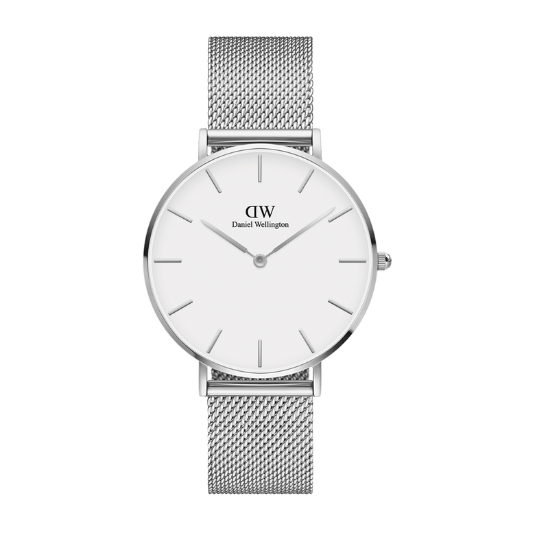 Petite Sterling Silver women's watch featuring a minimalist white dial and slim stainless steel mesh strap, designed for everyday comfort and timeless style.