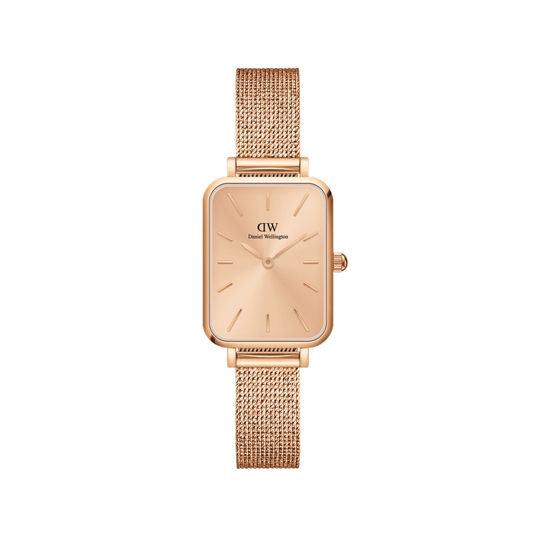 Quadro Pressed Unitone rose gold watch featuring a petite rectangular case, minimalist dial, and a seamless pressed mesh strap, designed for women seeking a refined and versatile accessory for daily wear.