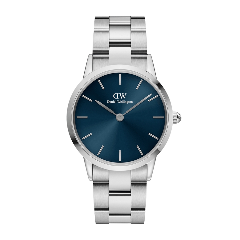 Daniel Wellington Iconic Link Arctic Silver watch with a brushed stainless steel bracelet and a bold blue sunray dial, featuring minimalist silver markers for a modern, versatile look.