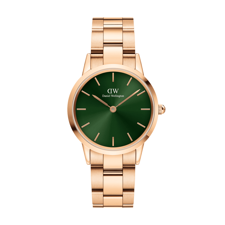 Iconic Link Emerald Green Rose Gold ladies watch with a premium rose gold stainless steel bracelet and a bold emerald green dial, showcasing minimalist hour markers and a classic round face.