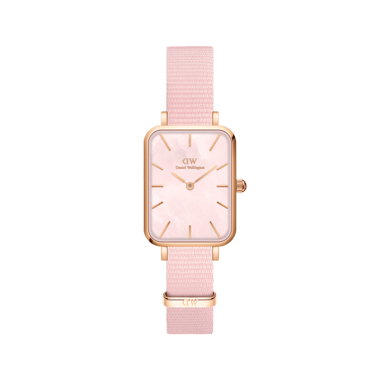Quadro Coral Pink MoP Rose Gold watch with a slim rectangular rose gold case, pink mother of pearl dial, minimalist hour markers, and a soft pink NATO strap, designed for women seeking a refined and versatile accessory.
