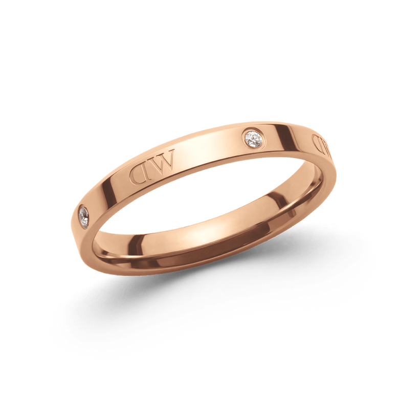 Classic Lumine Ring Rose Gold features a slim rose gold band with polished surface, alternating crystal stones and logo etchings, offering understated elegance suitable for everyday wear or gifting.