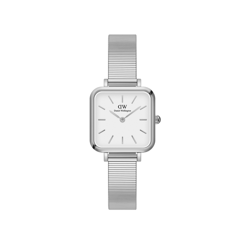Quadro Studio ladies watch with a petite square eggshell white dial, minimalist silver piano link strap, and adjustable clasp, designed for everyday elegance and comfort.