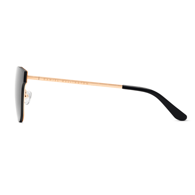 Ambler Steel Rose Gold sunglasses shown from the side, highlighting the slim rose gold plated stainless steel arm with black cellulose acetate temple tip and adjustable silicone nose pad for comfortable wear.