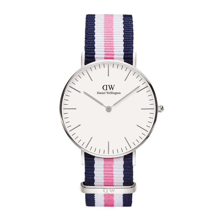 Classic Southampton Silver watch with a minimalist eggshell white dial, slim silver case, and a blue, pink, and white striped NATO fabric strap. The clean design and colourful strap create a fresh, versatile look suitable for both casual and formal wear.