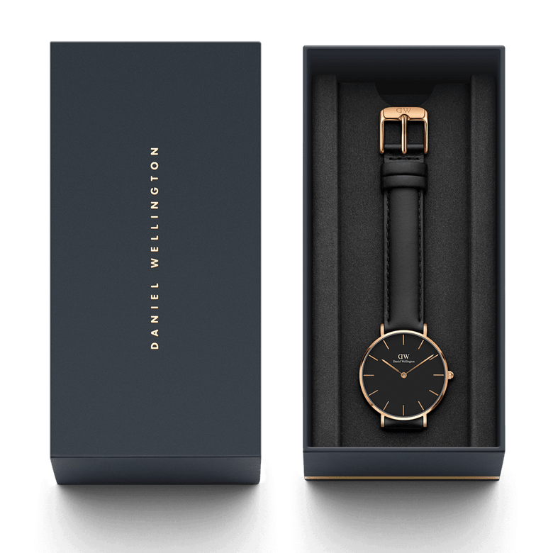 Petite Sheffield rose gold ladies watch with a black leather strap, presented in a branded gift box, ideal for gifting and everyday wear.