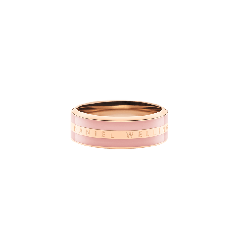 Emalie Ring Dusty Rose Rose Gold features a polished rose gold band with soft pink enamel detailing and Daniel Wellington branding engraved across the centre.