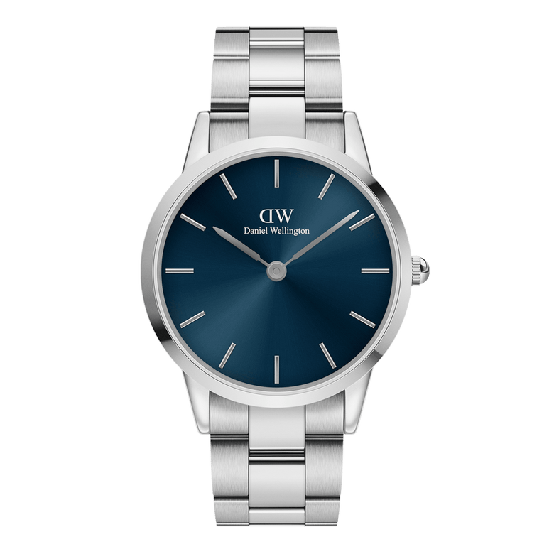 Iconic Link Arctic Silver watch by Daniel Wellington with a stainless steel link bracelet, featuring a striking dark blue sunray dial and minimalist silver hour markers.