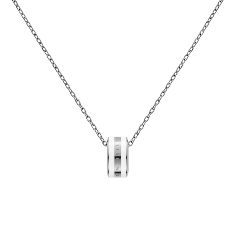 Close-up of the Emalie Necklace Silver Satin White showing the satin white enamel pendant on a polished silver chain, highlighting its minimalist and elegant design.