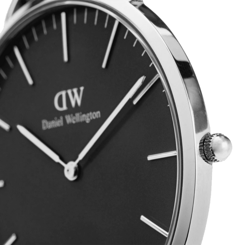 Side angle of the Classic Sheffield Black Silver watch showing the polished silver case, black dial, and minimalist hour markers, emphasising the slim profile and elegant detailing.