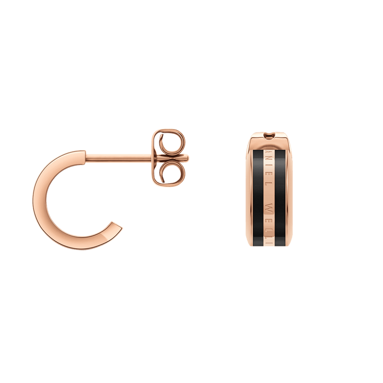 Emalie Earrings Rose Gold Black shown in a minimalist huggie style, featuring rose gold stainless steel with a bold black enamel stripe and secure stud closures, ideal for everyday wear or special occasions.