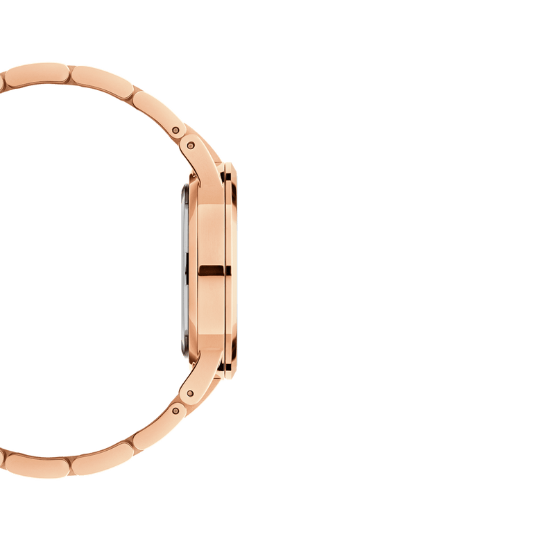 Side profile of the Daniel Wellington Iconic Link Amber watch, highlighting the slim rose gold case and polished stainless steel bracelet.