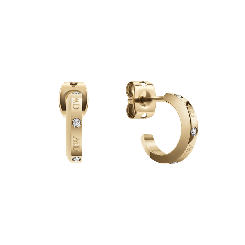 Classic Lumine Gold earrings with a minimalist gold hoop design, featuring four sparkling crystals and engraved logotype, shown from front and side angles.