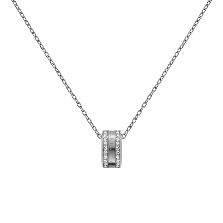 Elan Lumine Necklace Silver with a polished silver chain and a round pendant, featuring crystal accents set in stainless steel for a refined, minimalist look.