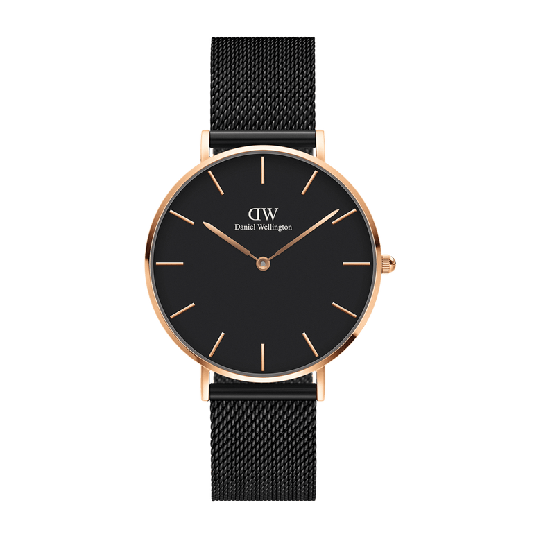 Petite Ashfield Rose Gold ladies watch featuring a minimalist black dial, rose gold case and markers, and an adjustable black mesh strap for a refined, contemporary look.