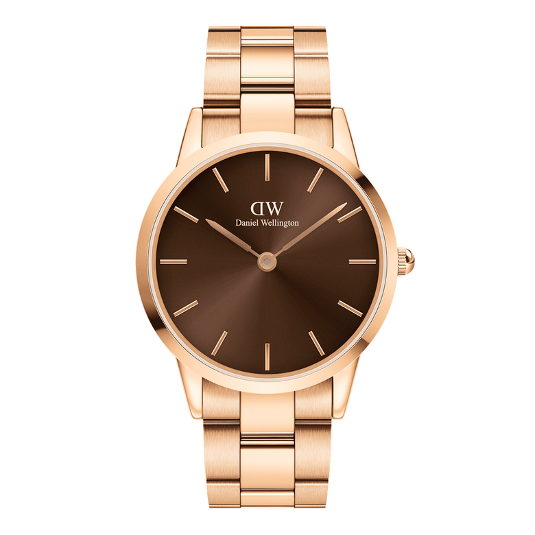 Rose gold Daniel Wellington Iconic Link Amber watch with a sunray brown dial and matching rose gold bracelet, featuring minimalist hour markers and a refined stainless steel case.
