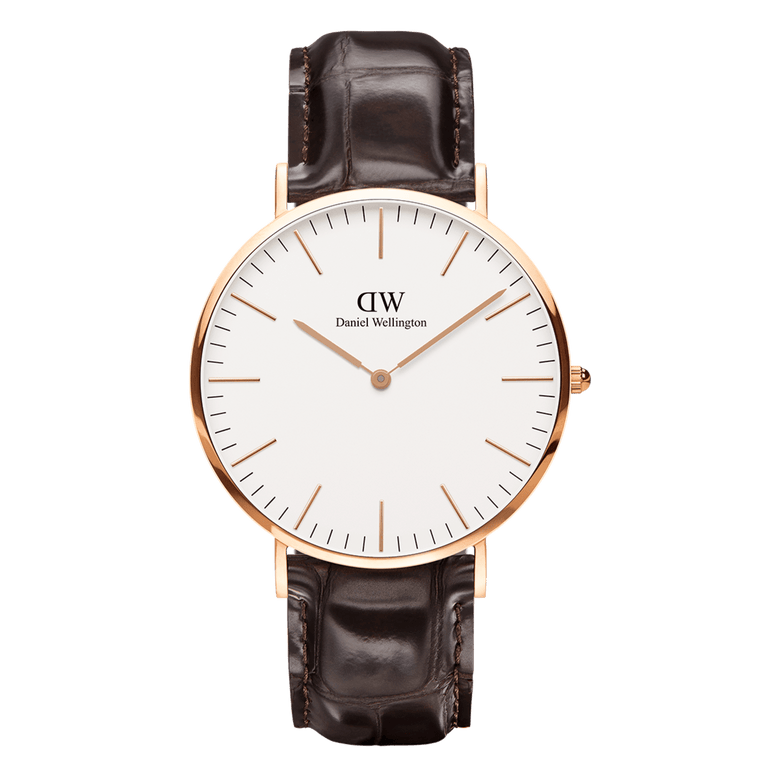 Classic York Rose Gold watch featuring a polished rose gold case, eggshell white minimalist dial, and a dark brown croc-embossed genuine leather strap with simple hour markers for a timeless, versatile look.