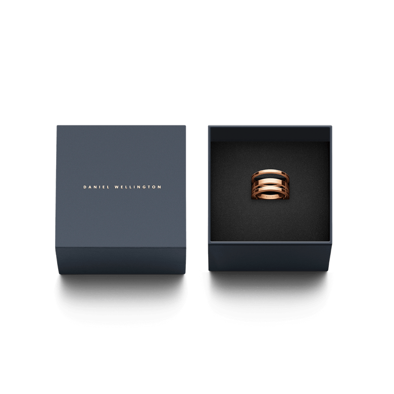 Elan Triad Ring Rose Gold displayed in a designer gift box, highlighting its triple band rose gold design and polished finish, ideal for gifting or adding to a jewellery collection.