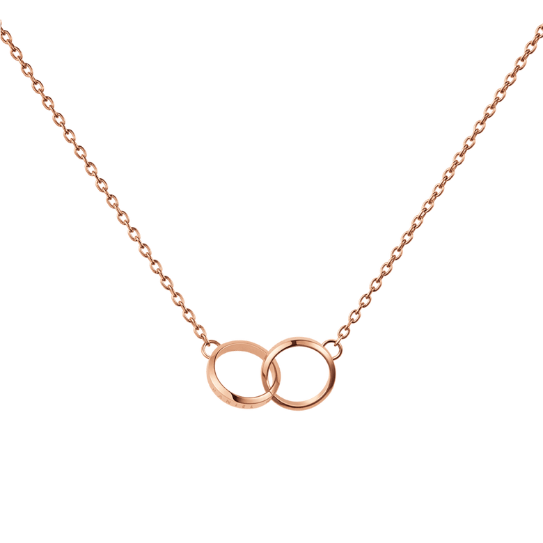 Rose gold necklace with a delicate chain featuring two interlocking polished rings as a fixed pendant, showcasing a minimalist and elegant design.