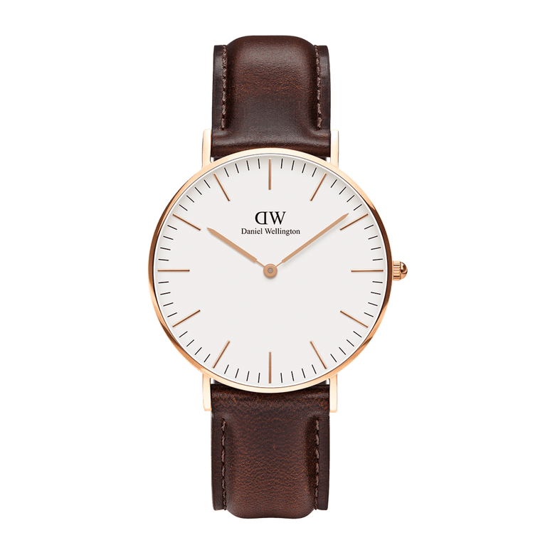 Classic Bristol Rose Gold watch featuring a slim rose gold case, minimalist white dial, and a dark brown genuine leather strap, designed for both men and women seeking a refined, everyday accessory.