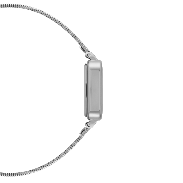 Quadro Studio ladies watch shown from the side, highlighting the slim square case and flexible silver piano link strap crafted from plated stainless steel.