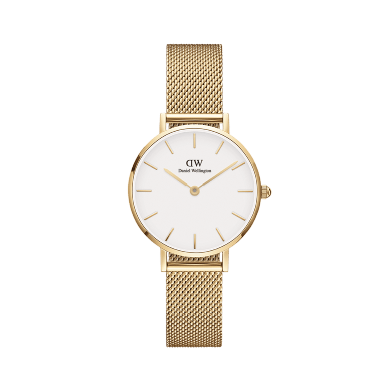 Petite Evergold gold mesh strap watch by Daniel Wellington with a minimalist eggshell white dial, slim gold hour markers, and an adjustable stainless steel band for a refined everyday look.