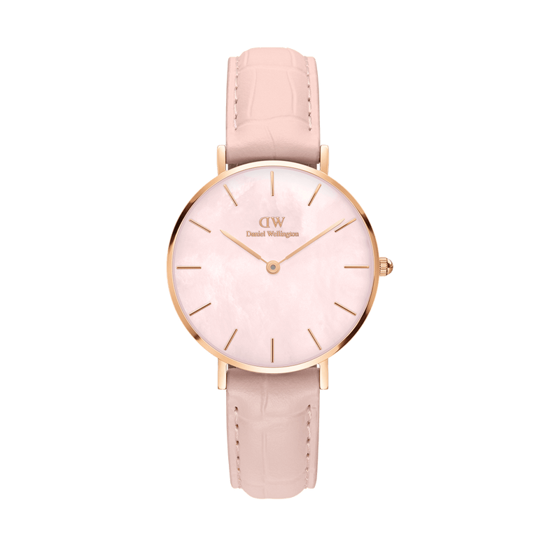 Rose gold ladies watch with a pink mother of pearl dial and minimalist markers, featuring a soft pink croc-pattern leather strap and a petite case size, ideal for everyday wear and feminine styling.