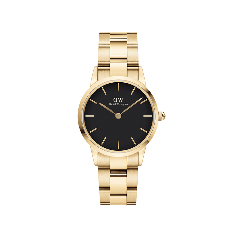 Iconic Link Black Gold watch by Daniel Wellington featuring a round black dial, slim gold hour markers, and a polished gold stainless steel link bracelet with an adjustable strap.