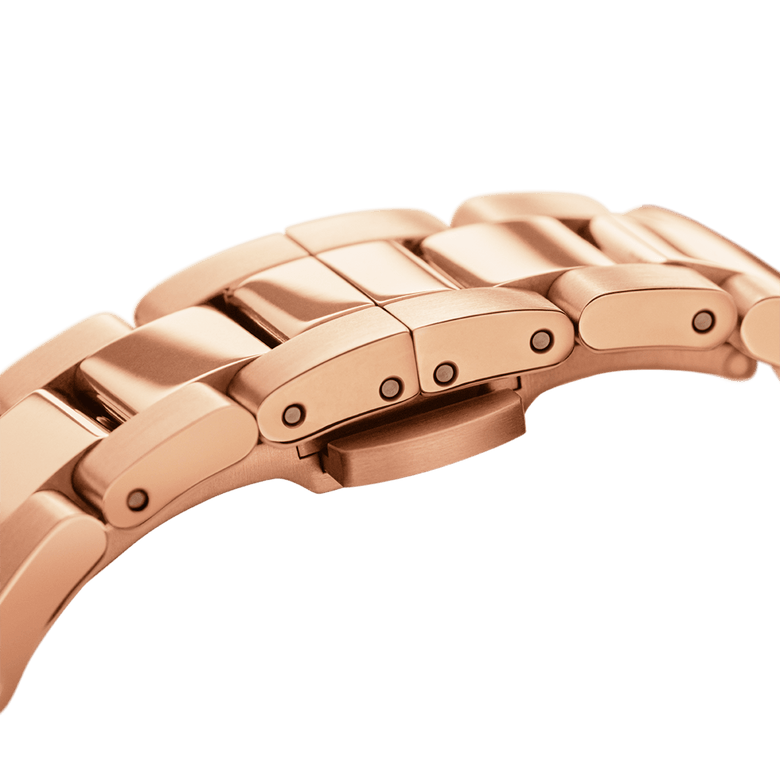 Close-up of the Iconic Link Black Rose Gold watch strap, showing the polished rose gold stainless steel links and adjustable clasp designed for comfort and durability.