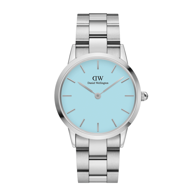 Silver stainless steel bracelet watch with a pastel blue dial, minimalist hour markers, and a secure clasp, designed for women seeking a modern yet timeless accessory.