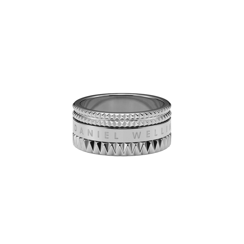 Elevation Ring Silver by Daniel Wellington featuring a wide stainless steel band, geometric textured edges, and a polished engraved centre for a bold, modern look.
