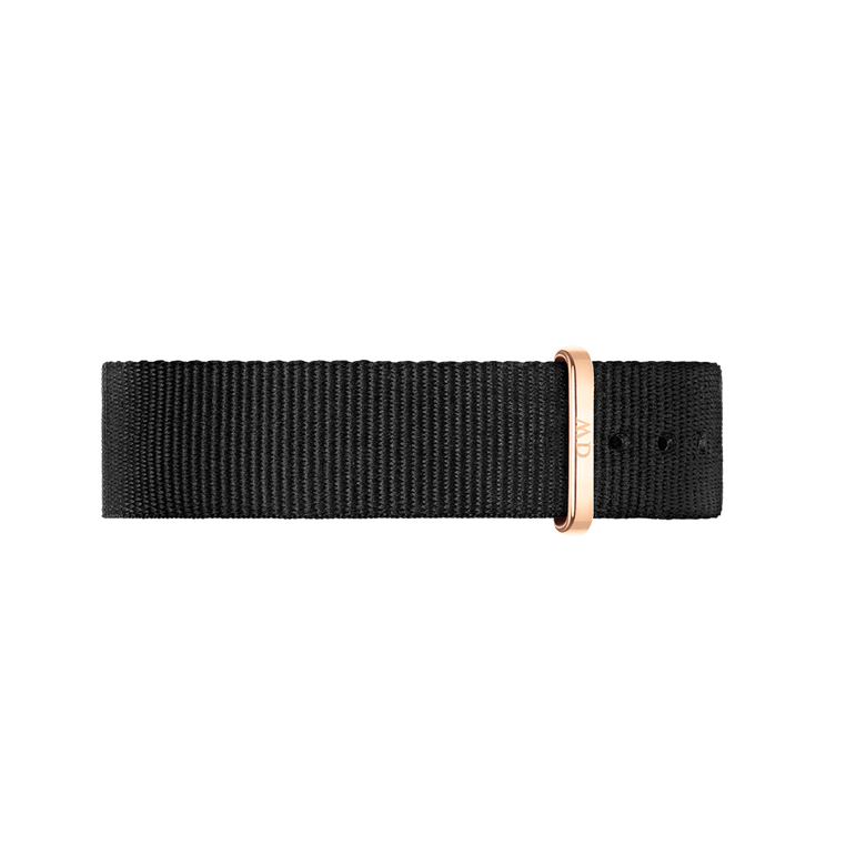 Black NATO style polyester watch strap with an adjustable rose gold buckle, designed for the Classic Cornwall Black Rose Gold watch.