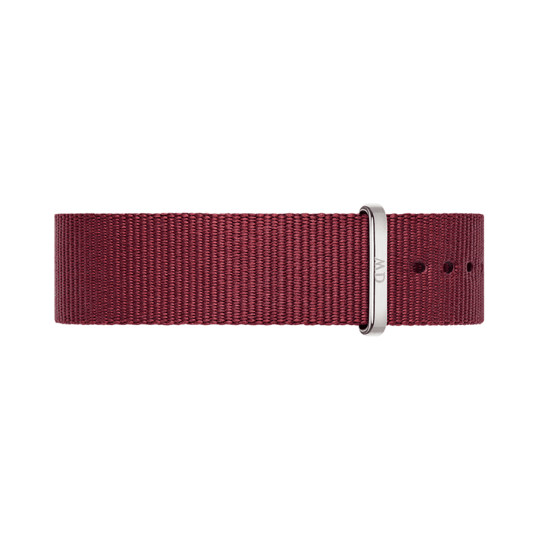 Ruby red NATO strap for the Classic Roselyn Silver watch, crafted from durable polyester with an adjustable fit and a polished stainless steel buckle.
