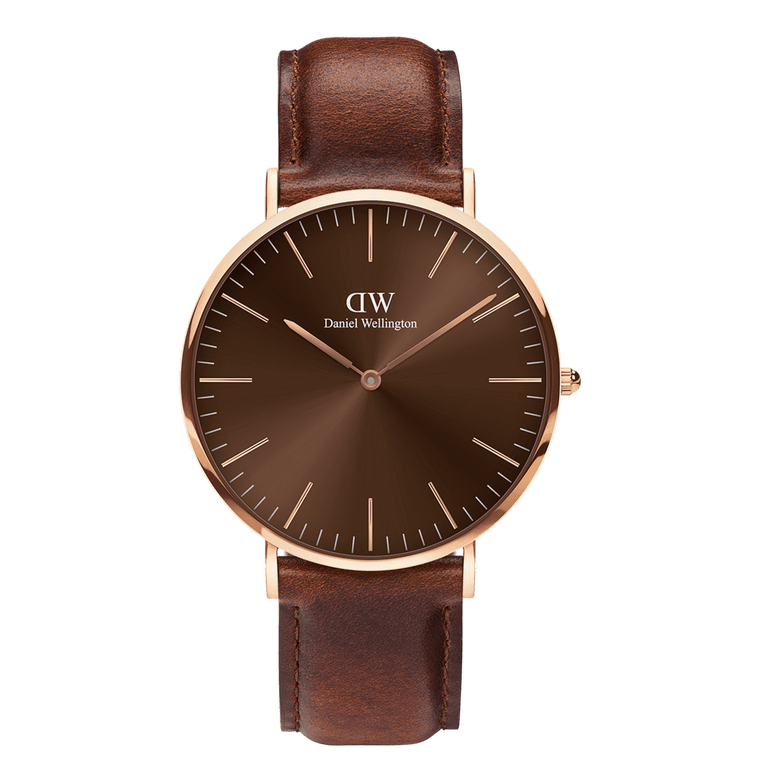 Classic St Mawes Amber Rose Gold men’s watch with a sunray brown dial, minimalist rose gold case, and a brown Italian Nappa leather strap, featuring simple hour markers and a polished buckle for a refined, versatile look.