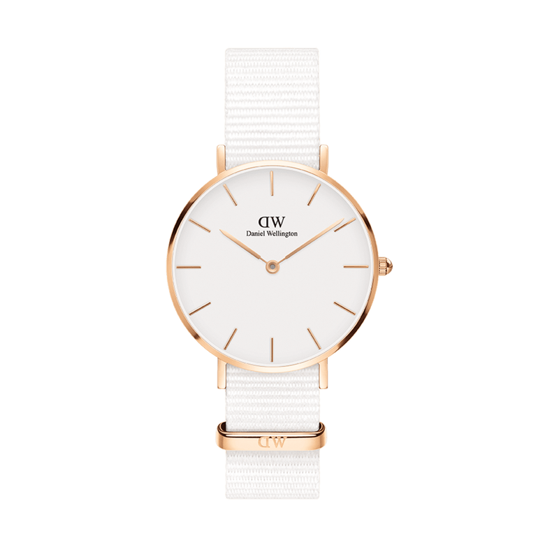 Petite Dover Rose Gold ladies watch with a slim rose gold case, minimalist white dial, and an adjustable white NATO fabric strap, offering a refined and modern style.