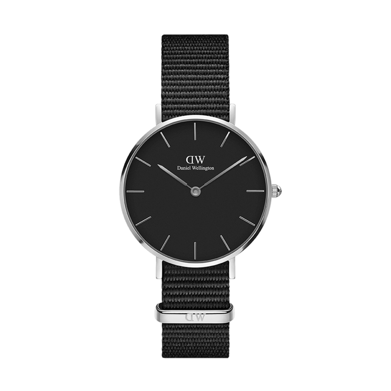 Petite Cornwall Black Silver features a slim silver case, minimalist black dial, and an all-black NATO strap, offering a modern and versatile look ideal for smaller wrists.
