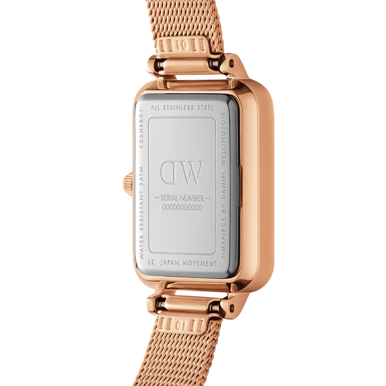 Rear view of the Quadro Lumine Pressed Melrose rose gold ladies watch, showing the stainless steel case back, engraved details, and the adjustable rose gold mesh bracelet.