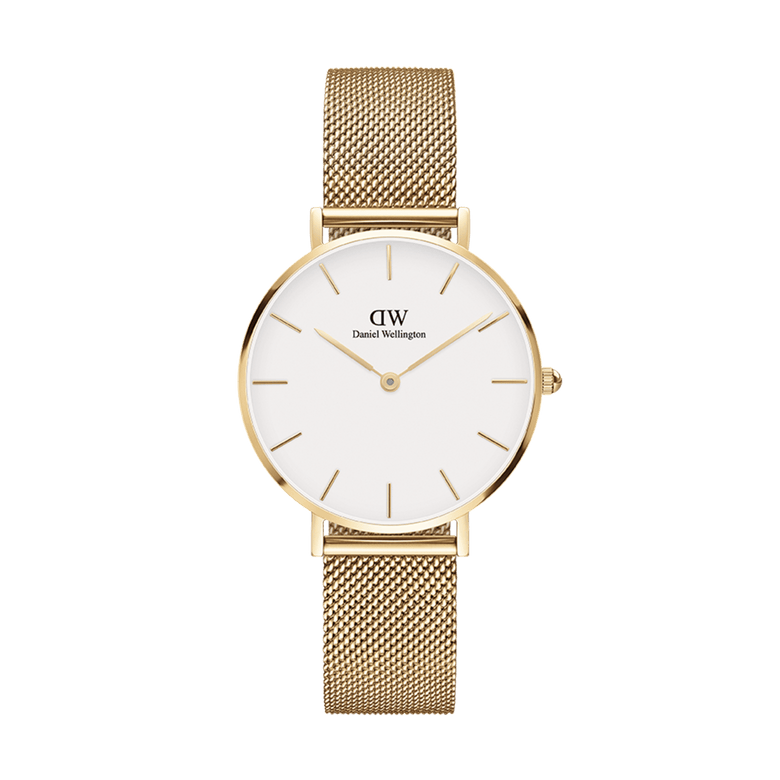 Daniel Wellington Petite Evergold watch featuring a slim gold mesh strap, minimalist eggshell white dial, and gold hour markers for an elegant, timeless look.