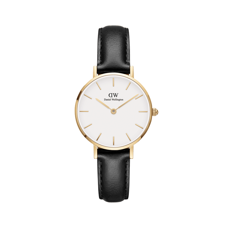 Petite Sheffield Gold watch with a slim gold-plated case, minimalist white dial, and a black genuine leather strap, designed for women seeking a classic and refined accessory.