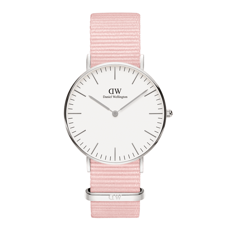 Classic Rosewater Silver watch with a stainless steel case, minimalist white dial, and a soft pink NATO strap, showcasing a clean and versatile design suitable for everyday wear.