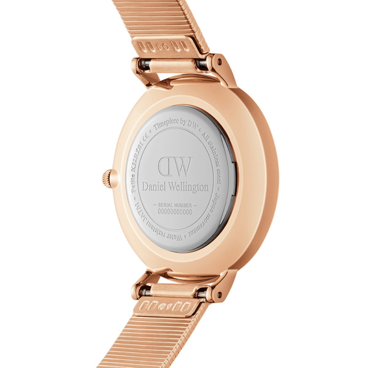 Rear view of the Petite Lumine Pressed Piano White MoP Rose Gold watch showing the engraved stainless steel case back and rose gold pressed piano link strap.