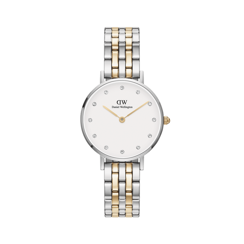 Petite Lumine 5-link two-tone ladies watch with a round eggshell white dial, crystal hour markers, and a polished silver and gold stainless steel bracelet, designed for versatile everyday wear.