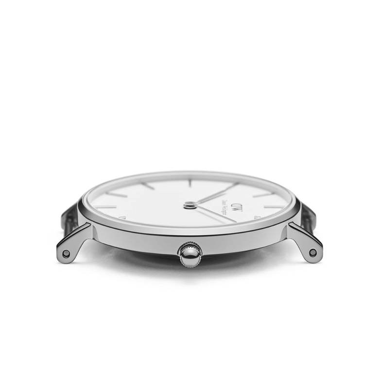 Side view of the Petite Bondi Silver watch highlighting its slim polished silver case, minimalist dial, and petite design ideal for women with smaller wrists.