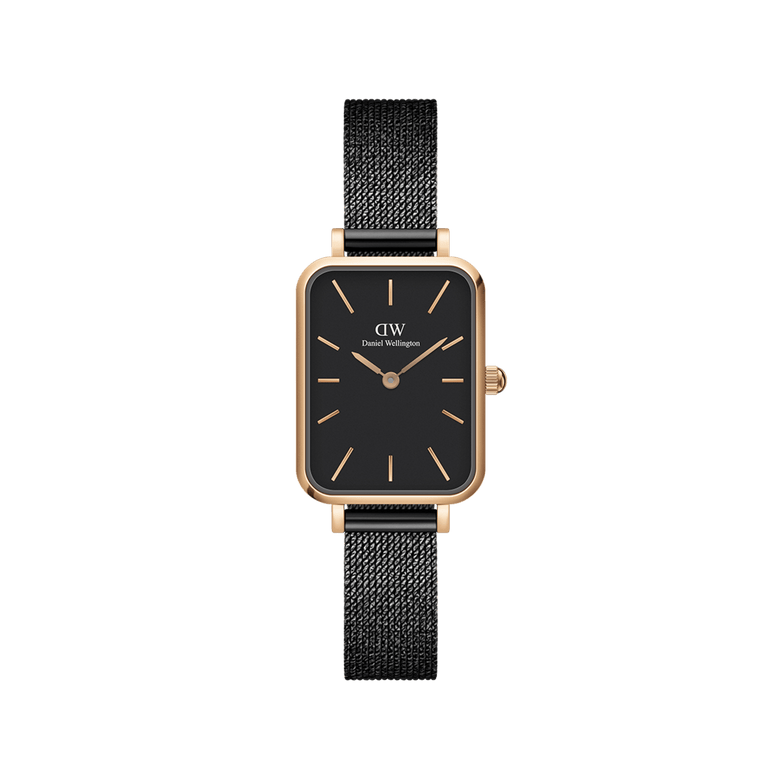 Quadro Pressed Ashfield features a petite rectangular rose gold case, black dial, and slim black mesh strap, offering a minimalist and elegant ladies watch suitable for small wrists.