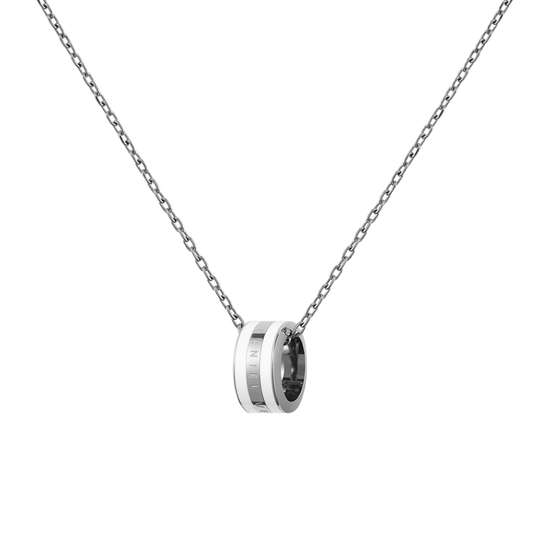 Silver chain necklace featuring a satin white enamel pendant with a minimalist, polished finish, designed for adjustable wear and everyday elegance.